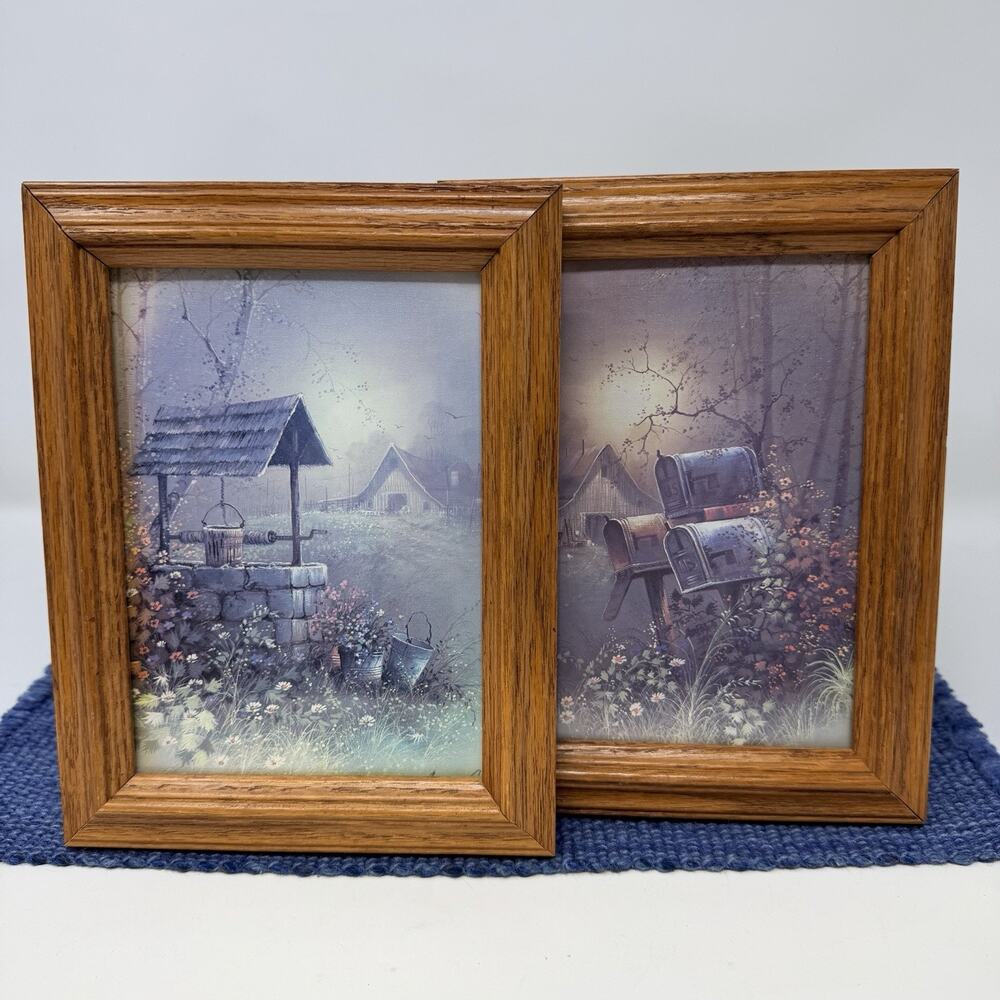 Vintage Framed Andres Orpinas Print Old Barn Mailboxes Flowers And Well 5x7
